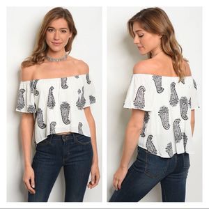 off the shoulder paisley print top